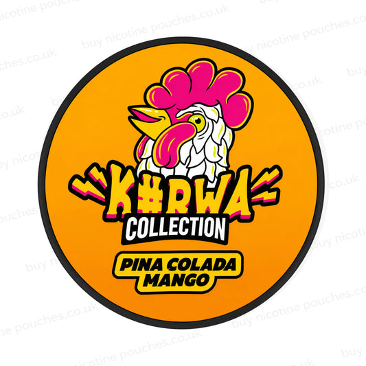 Nicotine pouch container with orange Kurwa Pina Colada Mango cartoon branding on a white background.