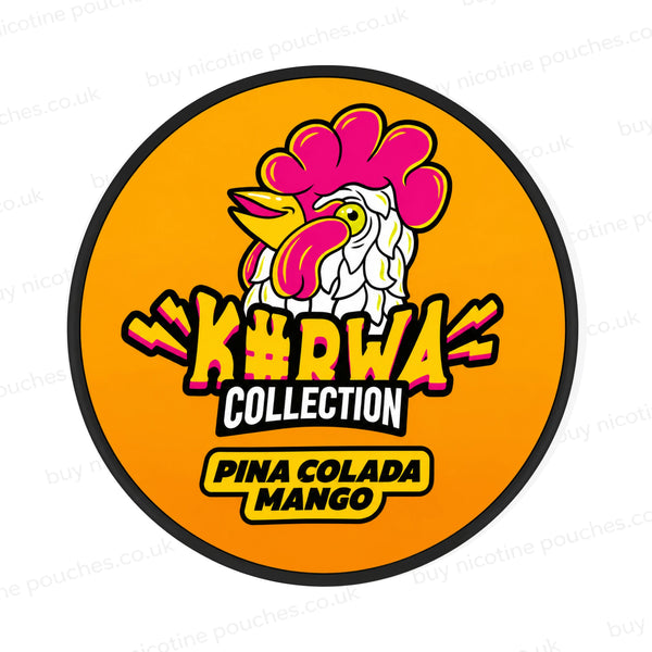 Nicotine pouch container with orange Kurwa Pina Colada Mango cartoon branding on a white background.