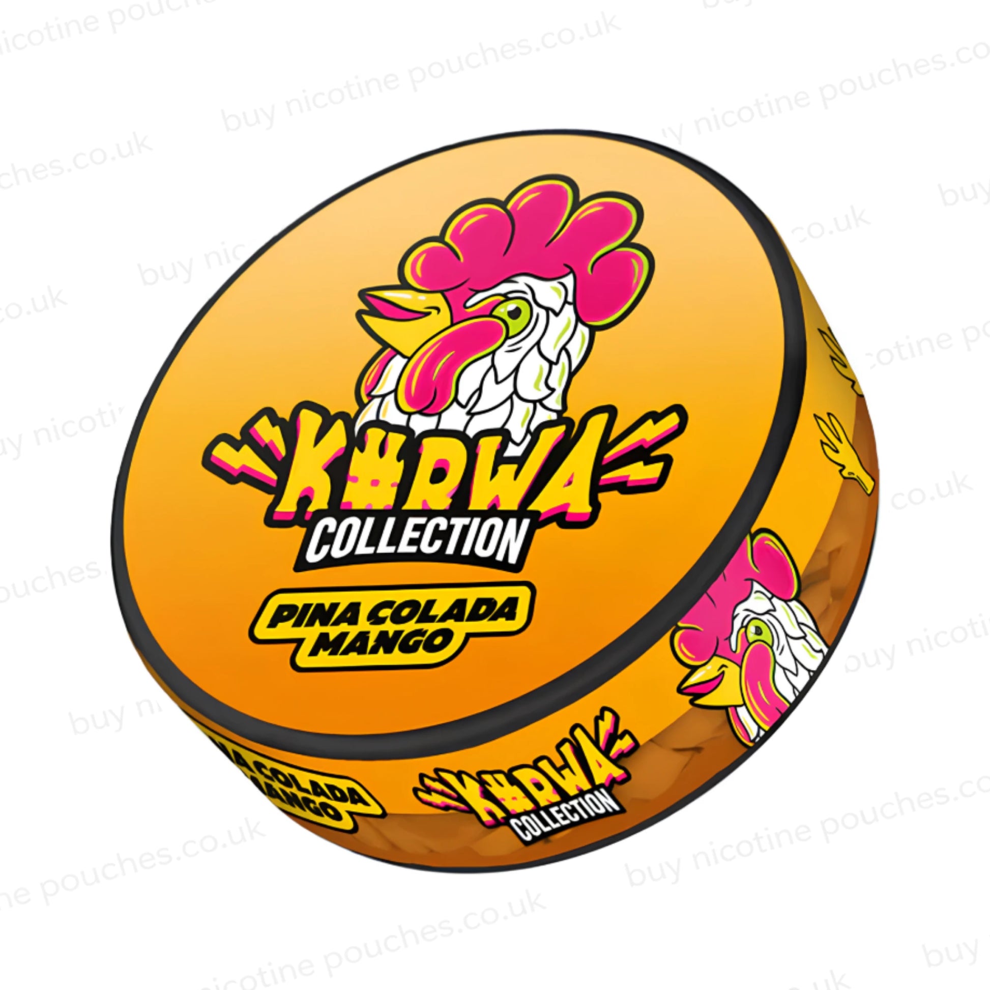 Angled shot of a nicotine pouch container with orange Kurwa Pina Colada Mango cartoon branding on a white background.