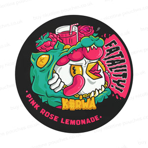 Nicotine pouch container with K#rwa Fatality Pink Rose Lemonade branding on a white background.