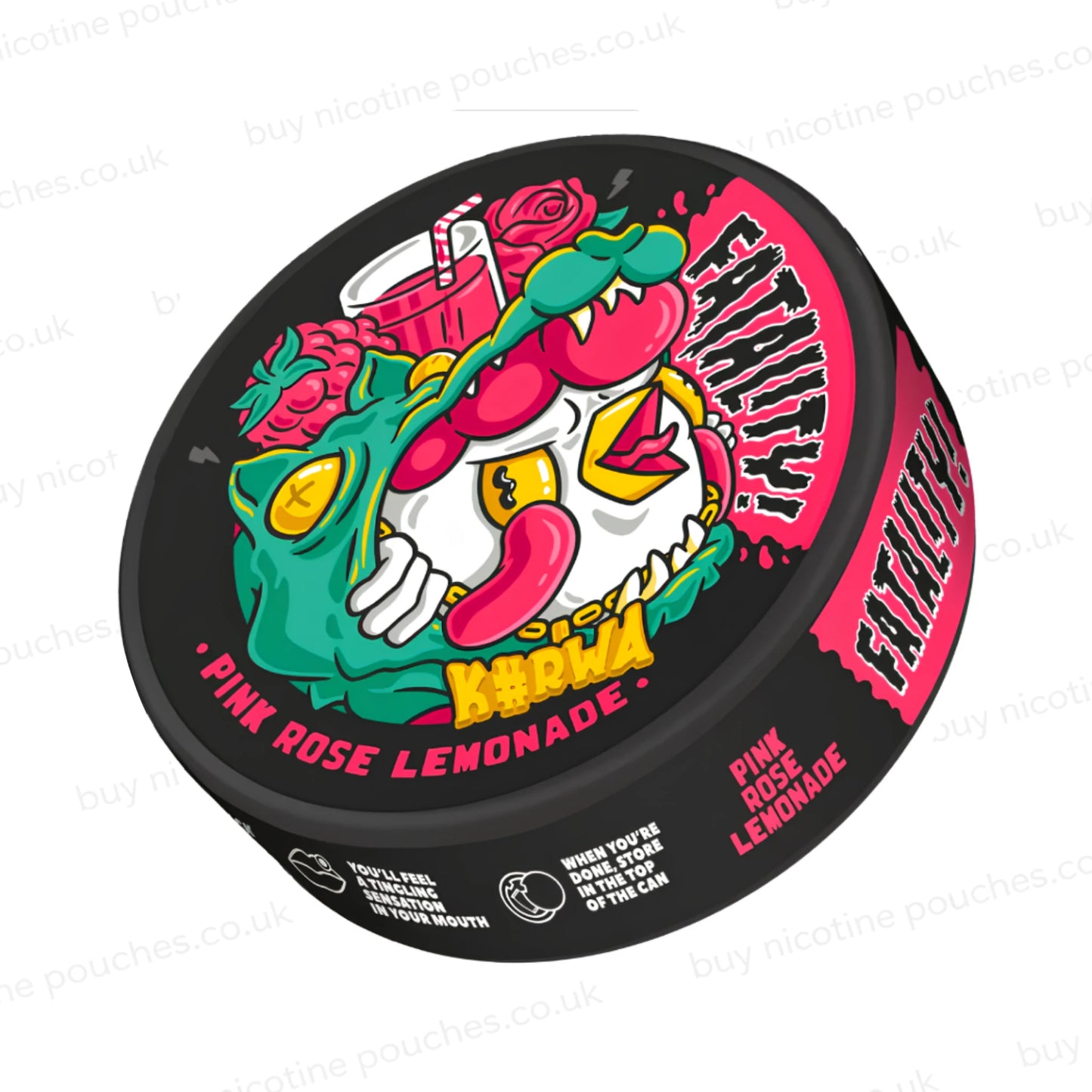 Angled shot of a nicotine pouch container with K#rwa Fatality Pink Rose Lemonade branding on a white background.