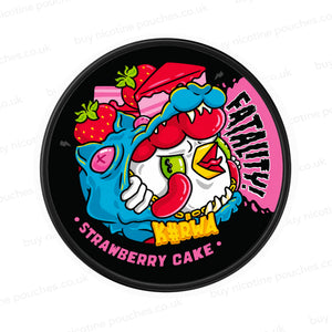 Nicotine pouch container with Kurwa Fatality Strawberry Cake cartoon branding on a white background.