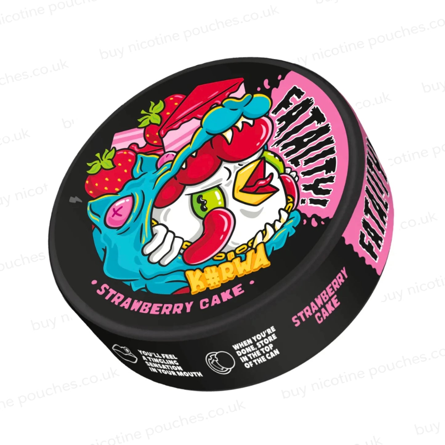 Angled shot of a nicotine pouch container with Kurwa Fatality Strawberry Cake cartoon branding on a white background.