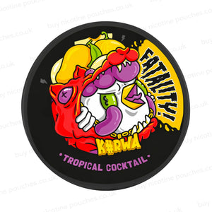 Black nicotine pouch container with K#rwa Fatality Tropical Cocktail cartoon branding on a white background.