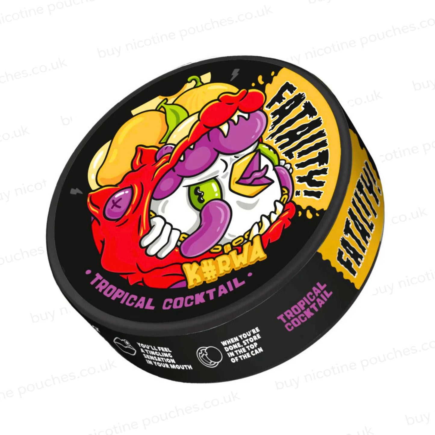 Angled shot of a black nicotine pouch container with K#rwa Fatality Tropical Cocktail cartoon branding on a white background.