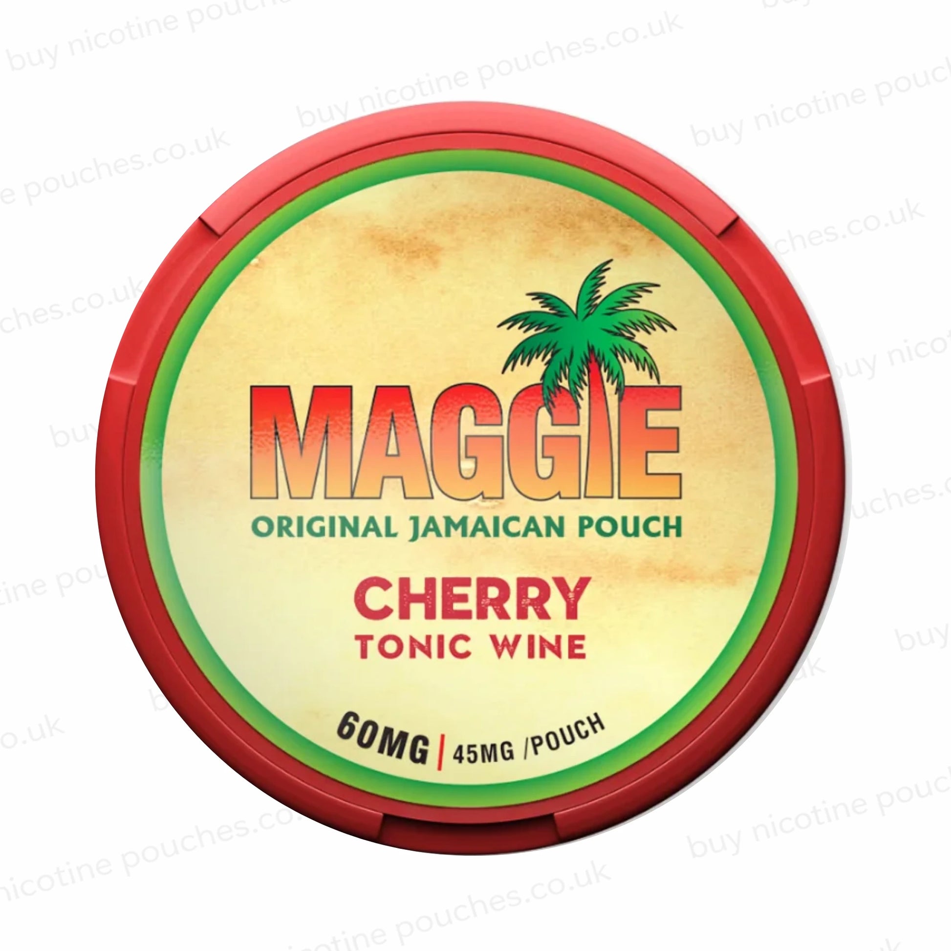 Nicotine pouch tub with 'MAGGIE Cherry Tonic Wine 60mg' branding on a white background
