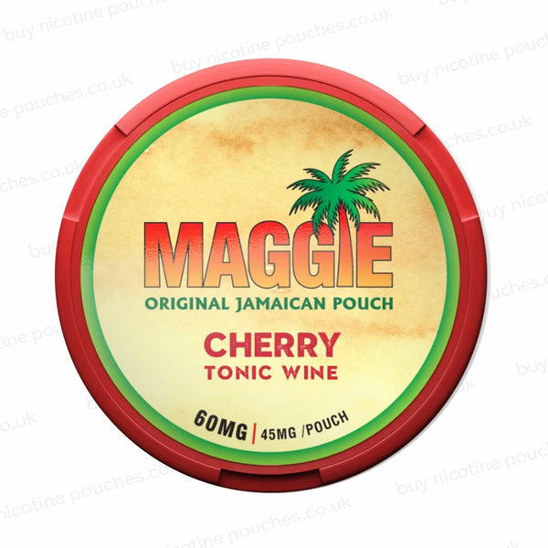 Nicotine pouch tub with 'MAGGIE Cherry Tonic Wine 60mg' branding on a white background