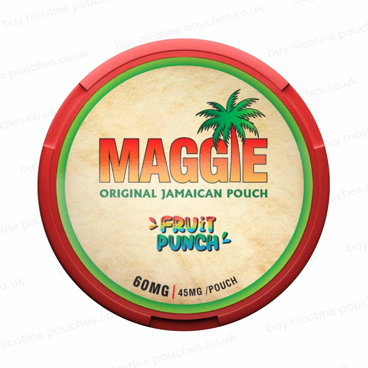 Nicotine pouch tub with 'MAGGIE Fruit Punch 60mg' branding on a white background.