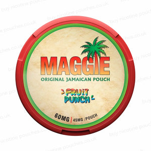 Nicotine pouch tub with 'MAGGIE Fruit Punch 60mg' branding on a white background.