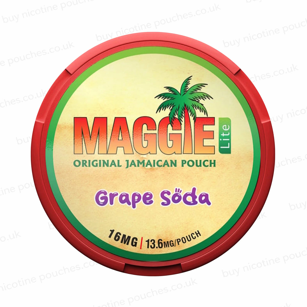 Nicotine pouch tub with 'MAGGIE Lite Grape Soda 16mg' branding on a white background
