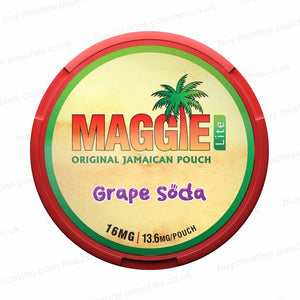 Nicotine pouch tub with 'MAGGIE Lite Grape Soda 16mg' branding on a white background