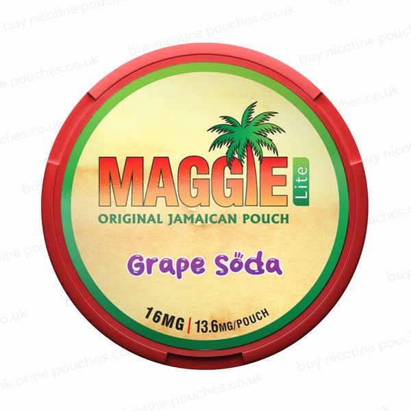 Nicotine pouch tub with 'MAGGIE Lite Grape Soda 16mg' branding on a white background