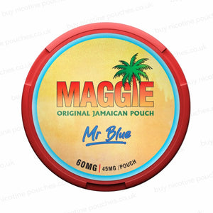 Nicotine pouch tub wth 'MAGGIE Mr Blue 60mg' branding on a white background.
