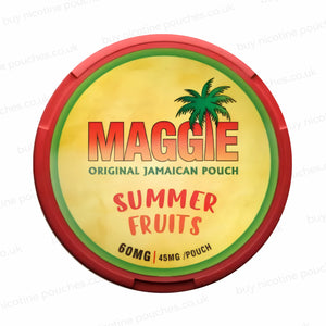 Nicotine pouch tub with 'MAGGIE Summer Fruits 60mg' branding on a white background