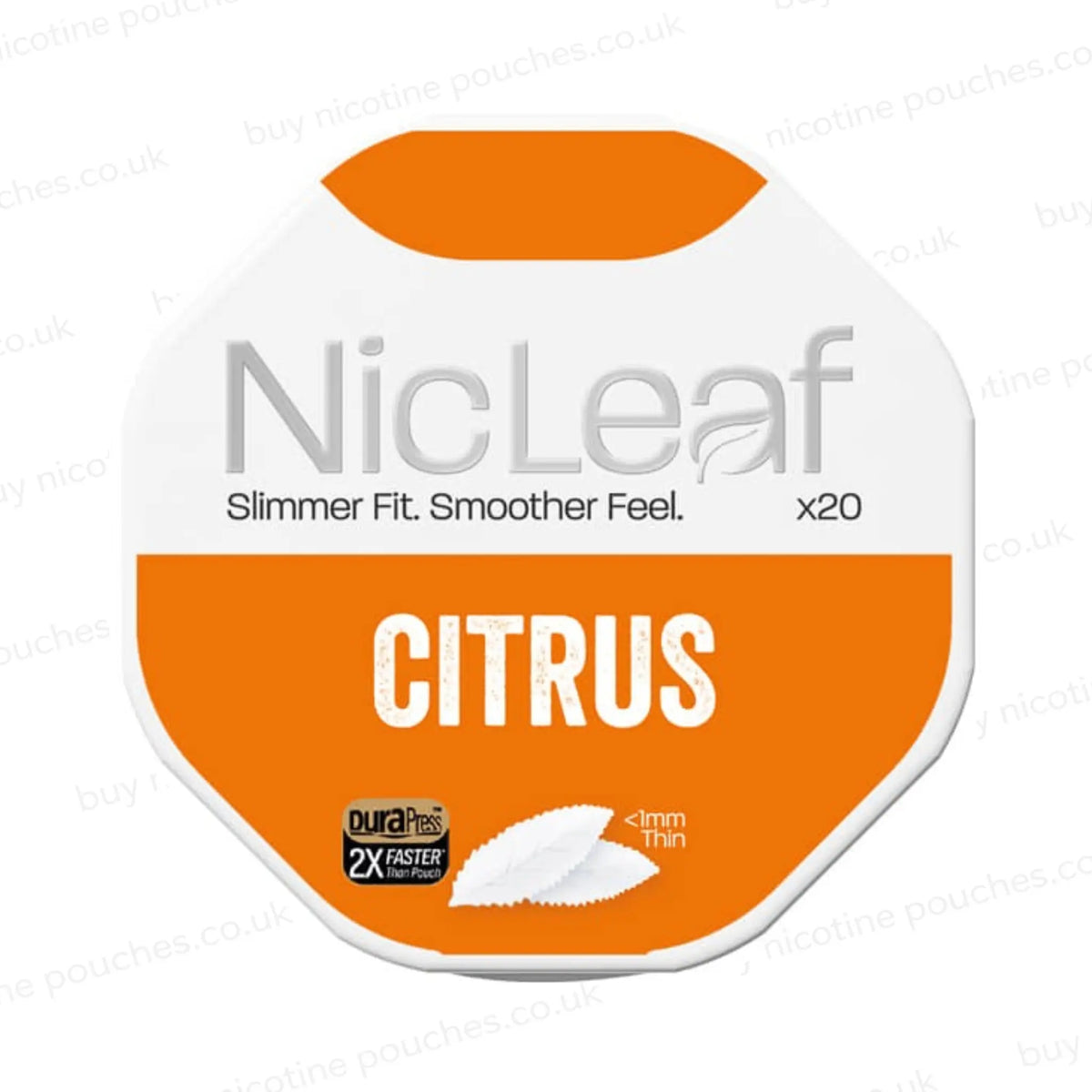 Nicotine pouch container with NicLeaf Citrus branding on a white background.