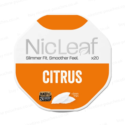 Nicotine pouch container with NicLeaf Citrus branding on a white background.