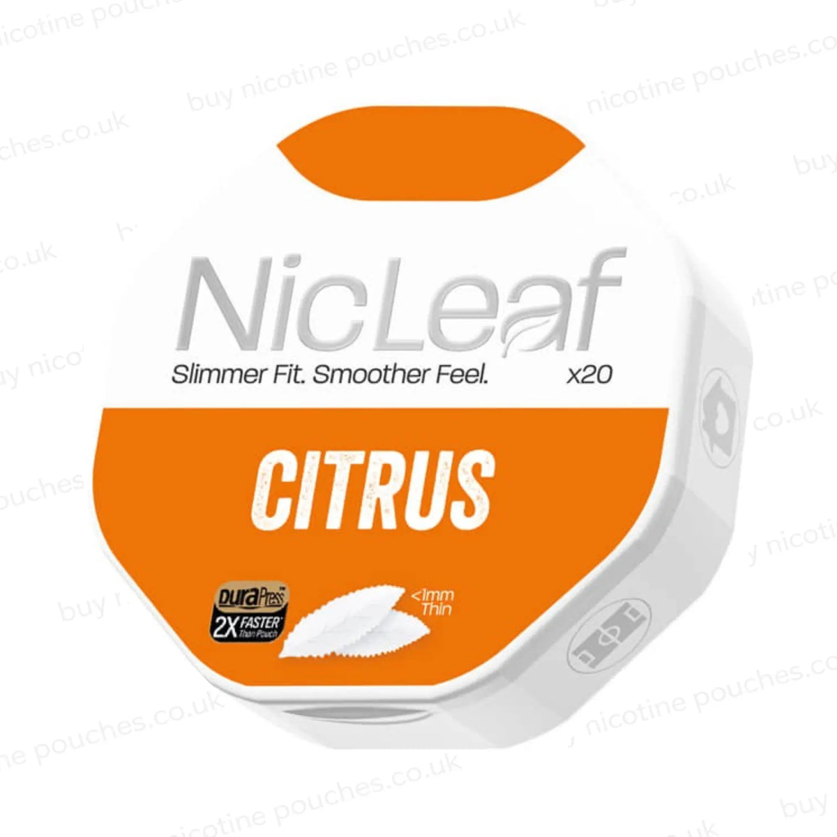 Angled shot of a nicotine pouch container with NicLeaf Citrus branding on a white background.