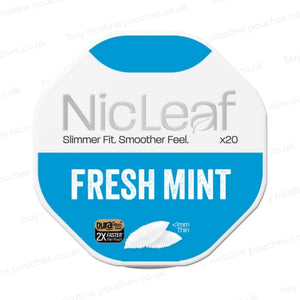 Nicotine pouch container with NicLeaf Fresh Mint branding on a white background.