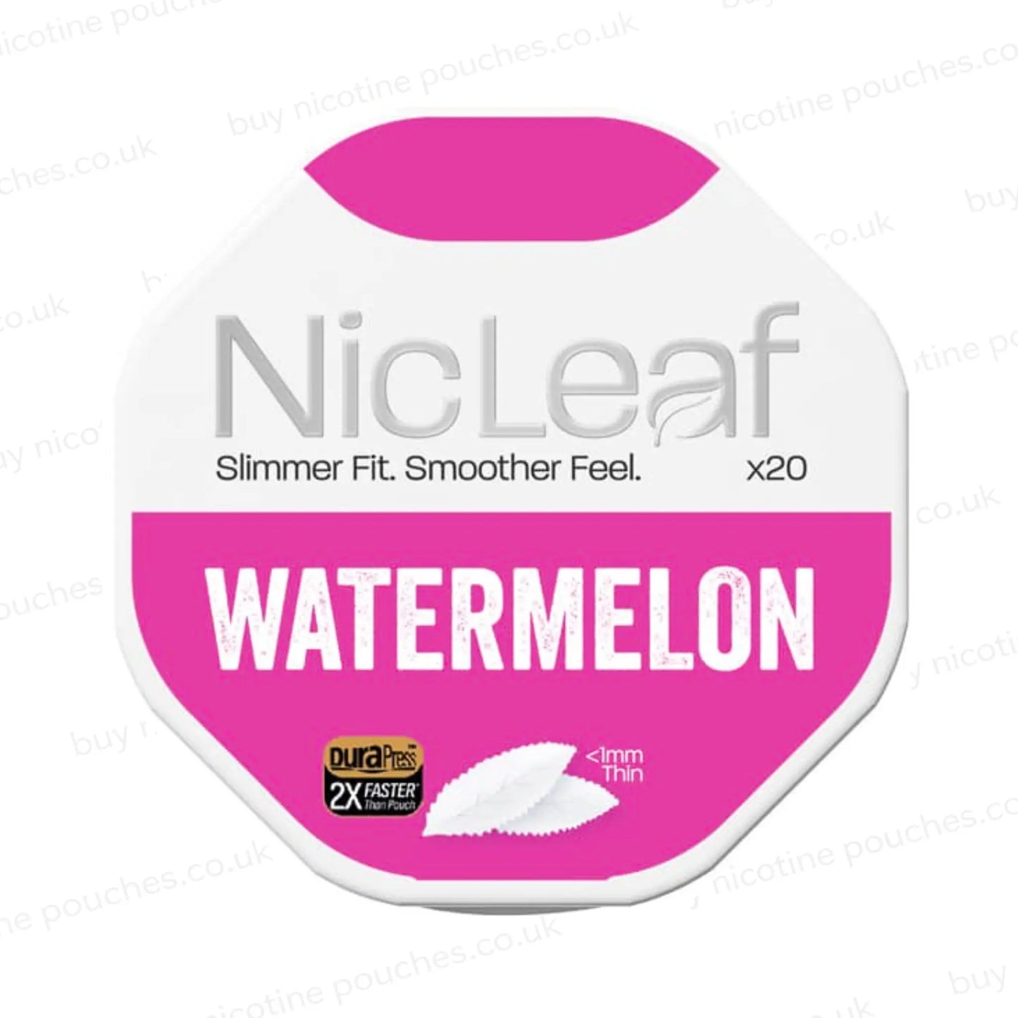 Nicotine pouch container with NicLeaf Watermelon branding on a white background.