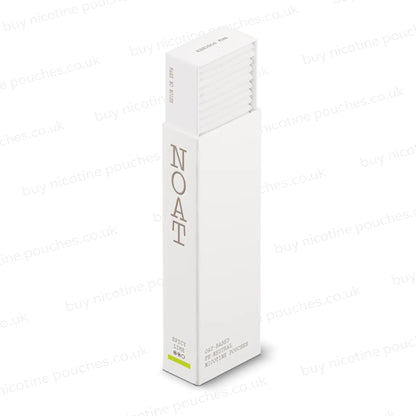 Angled shot of a white product box with 'NOAT Spicy Lime' branding on a white background