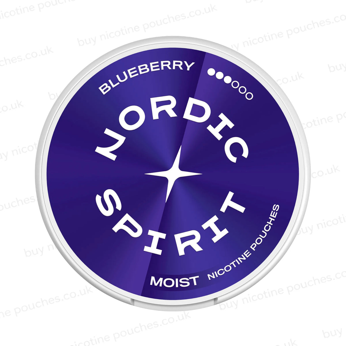 White nicotine pouch container with blue Nordic Spirit Blueberry 3 Dot branding on a white background.