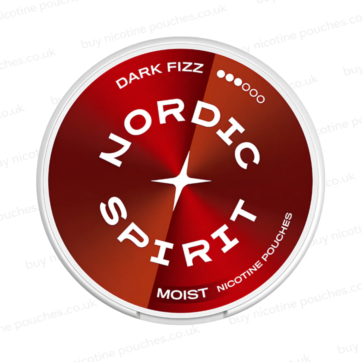 White nicotine pouch container with red Nordic Spirit Dark Fizz 3-dot branding on a white background.