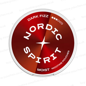 White nicotine pouch container with red Nordic Spirit Dark Fizz 3-dot branding on a white background.
