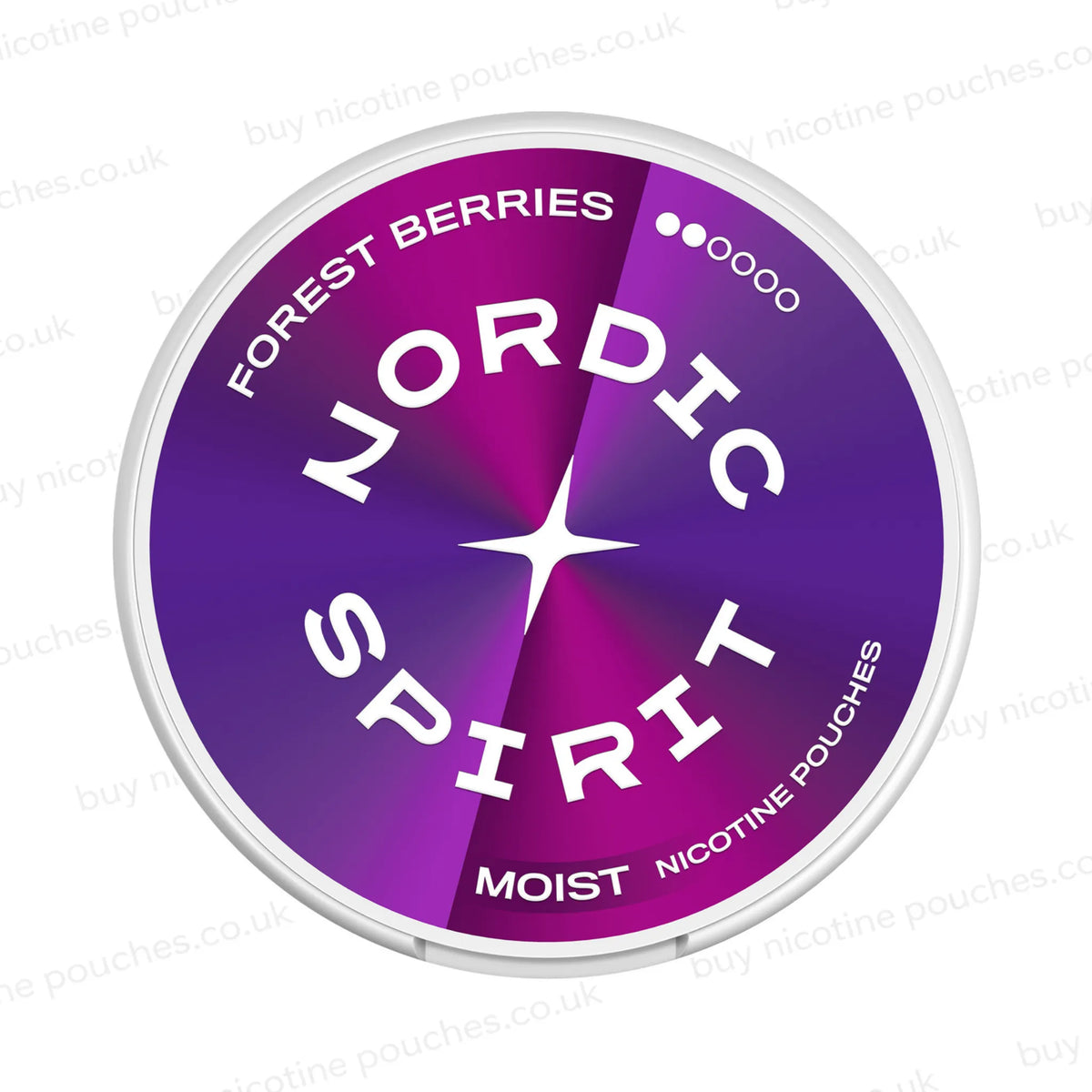 White nicotine pouch container with violet and purple Nordic Spirit Forest Berries 2 Dot branding on a white, watermarked background.