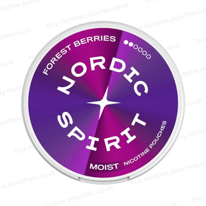 White nicotine pouch container with violet and purple Nordic Spirit Forest Berries 2 Dot branding on a white, watermarked background.