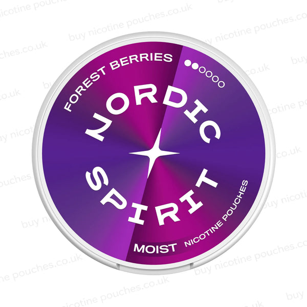 White nicotine pouch container with violet and purple Nordic Spirit Forest Berries 2 Dot branding on a white, watermarked background.