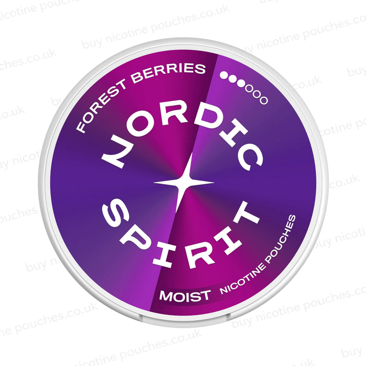 White nicotine pouch container with violet and purple Nordic Spirit Forest Berries 3 Dot branding on a white, watermarked background.