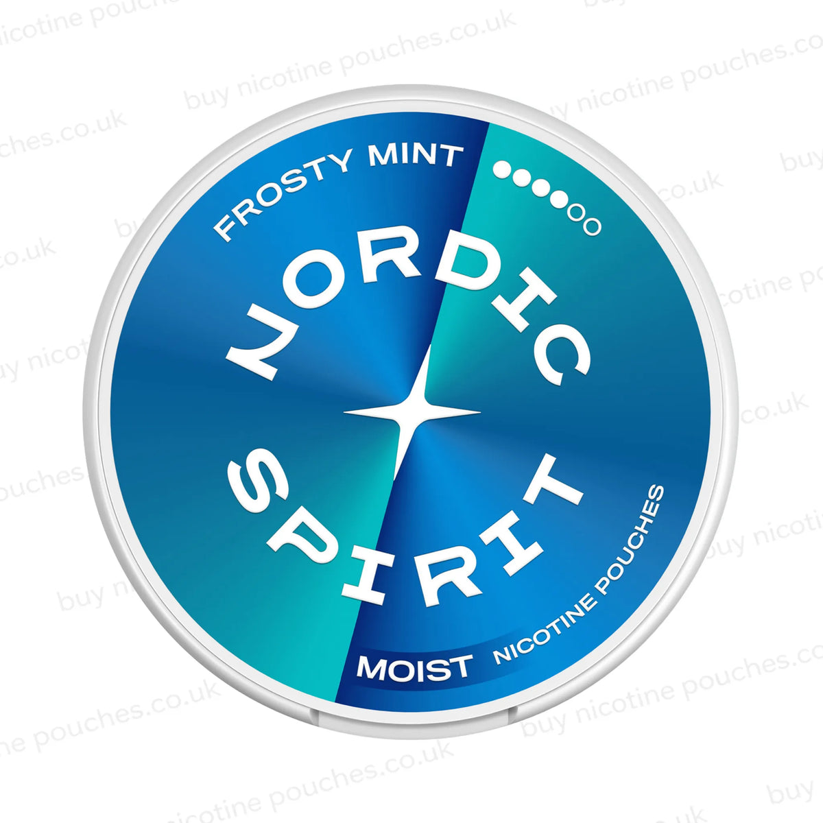 Round nicotine pouch container with cyan and blue gradient Nordic Spirit Frosty Mint 4 Dot branding on a white, watermarked background.
