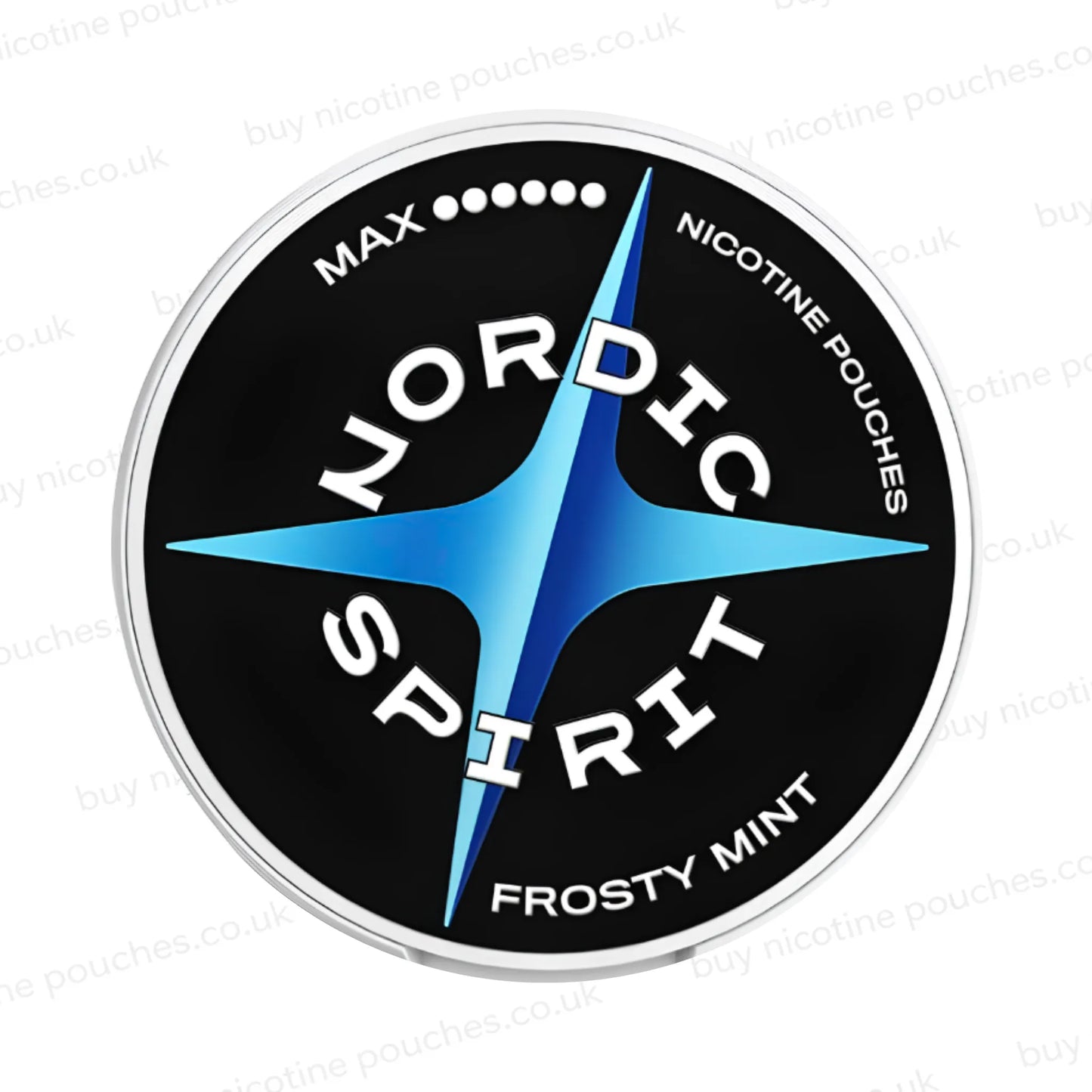 Nicotine pouch container with white and blue Nordic Spirit Frost Mint Max branding on a white background.
