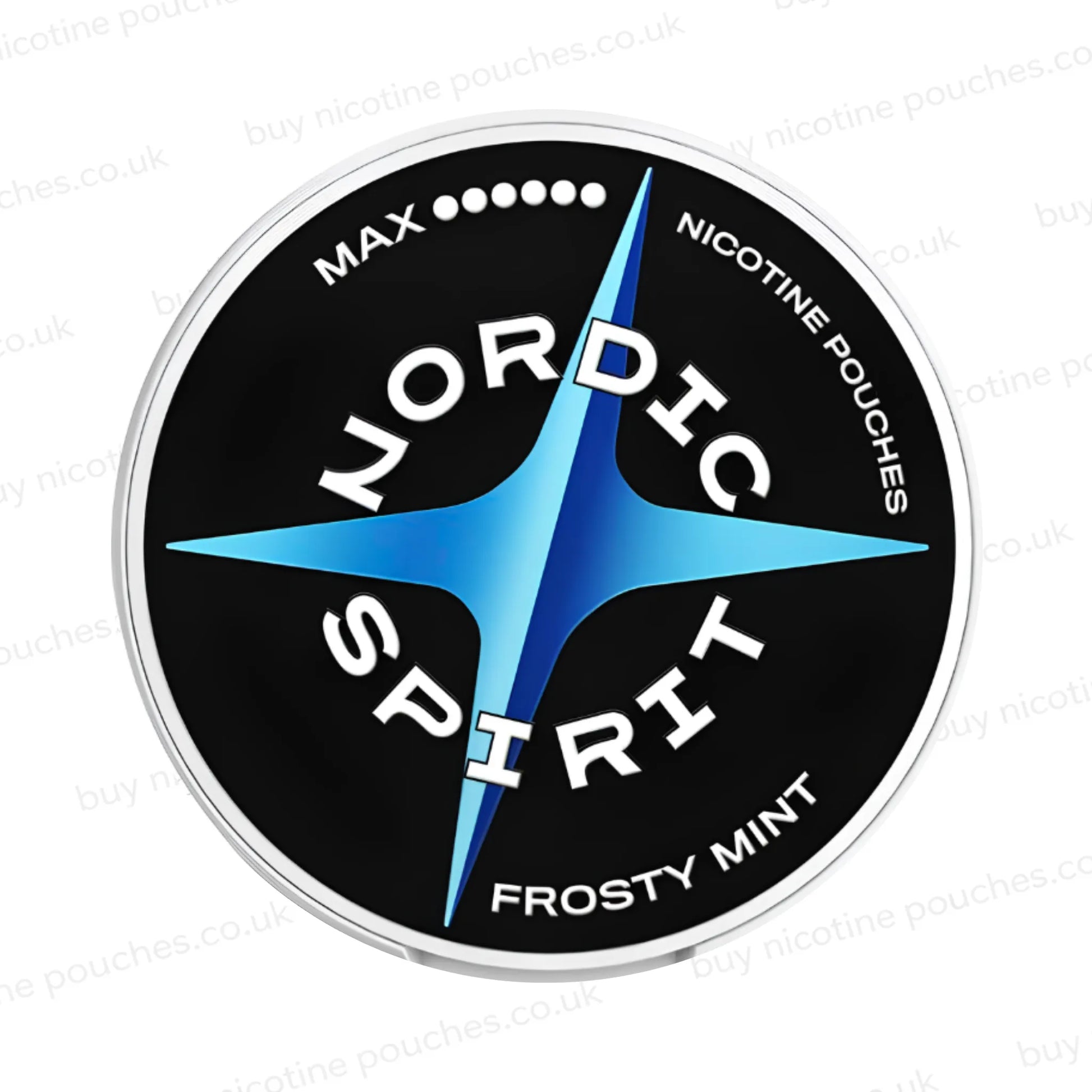 Nicotine pouch container with white and blue Nordic Spirit Frost Mint Max branding on a white background.