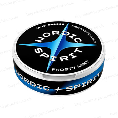 Angled shot of a nicotine pouch container with white and blue Nordic Spirit Frost Mint Max branding on a white background.