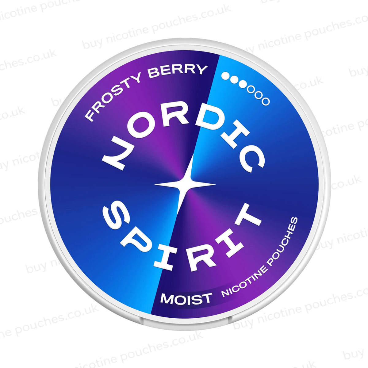 A round nicotine pouch container with blue and purple gradient Nordic Spirit Frosty Berry 3 Dot branding on a white, watermarked background.