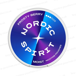 A round nicotine pouch container with blue and purple gradient Nordic Spirit Frosty Berry 3 Dot branding on a white, watermarked background.