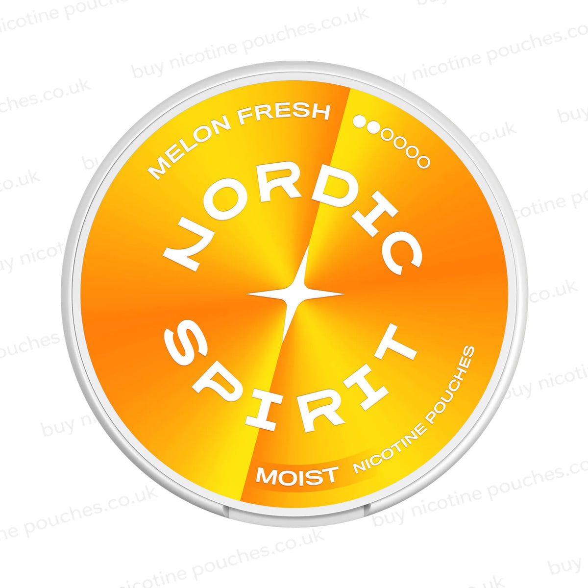 A round tin of Nordic Spirit Moist Nicotine Pouches in the Melon Fresh flavor and 2-dot strength, featuring a vibrant orange and yellow gradient label.