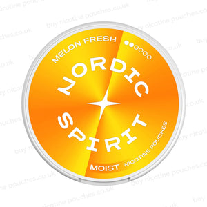 A round tin of Nordic Spirit Moist Nicotine Pouches in the Melon Fresh flavor and 2-dot strength, featuring a vibrant orange and yellow gradient label.