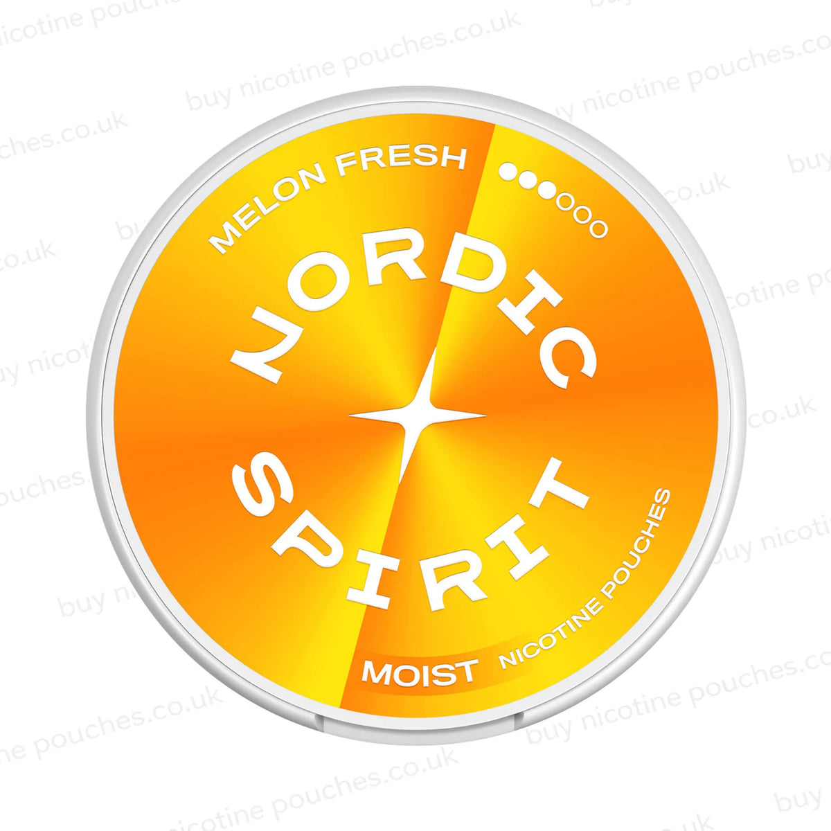 A round tin of Nordic Spirit Moist Nicotine Pouches in the Melon Fresh flavor and 3-dot strength, featuring a vibrant orange and yellow gradient label.