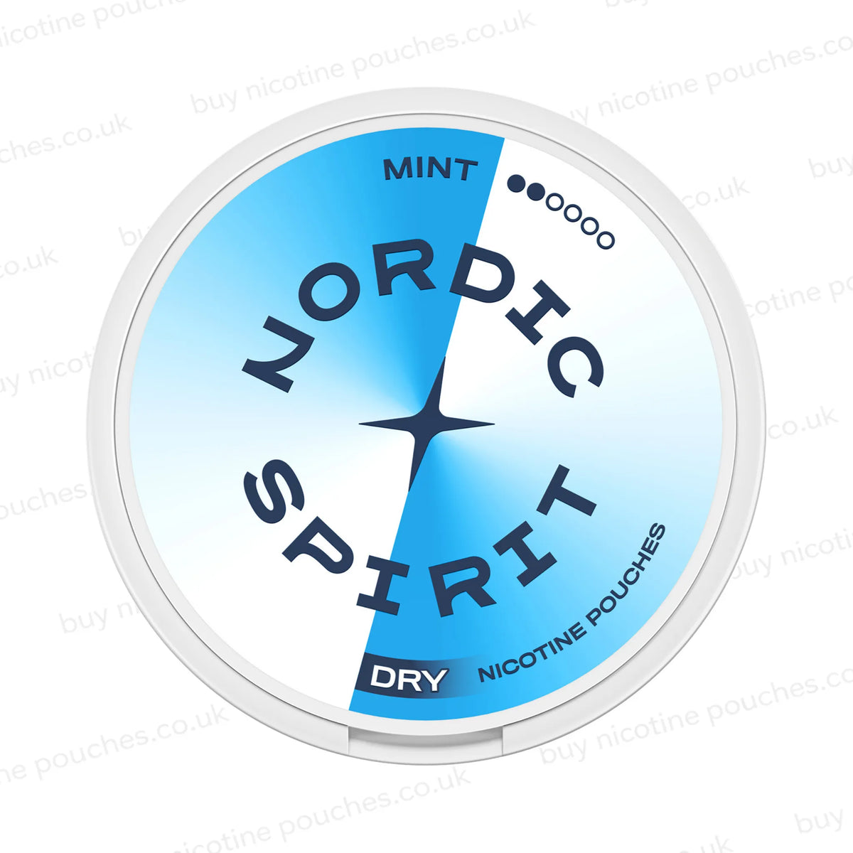 A round tin of Nordic Spirit Dry Nicotine Pouches in Mint flavor and 2-dot strength, featuring a white and light blue gradient design