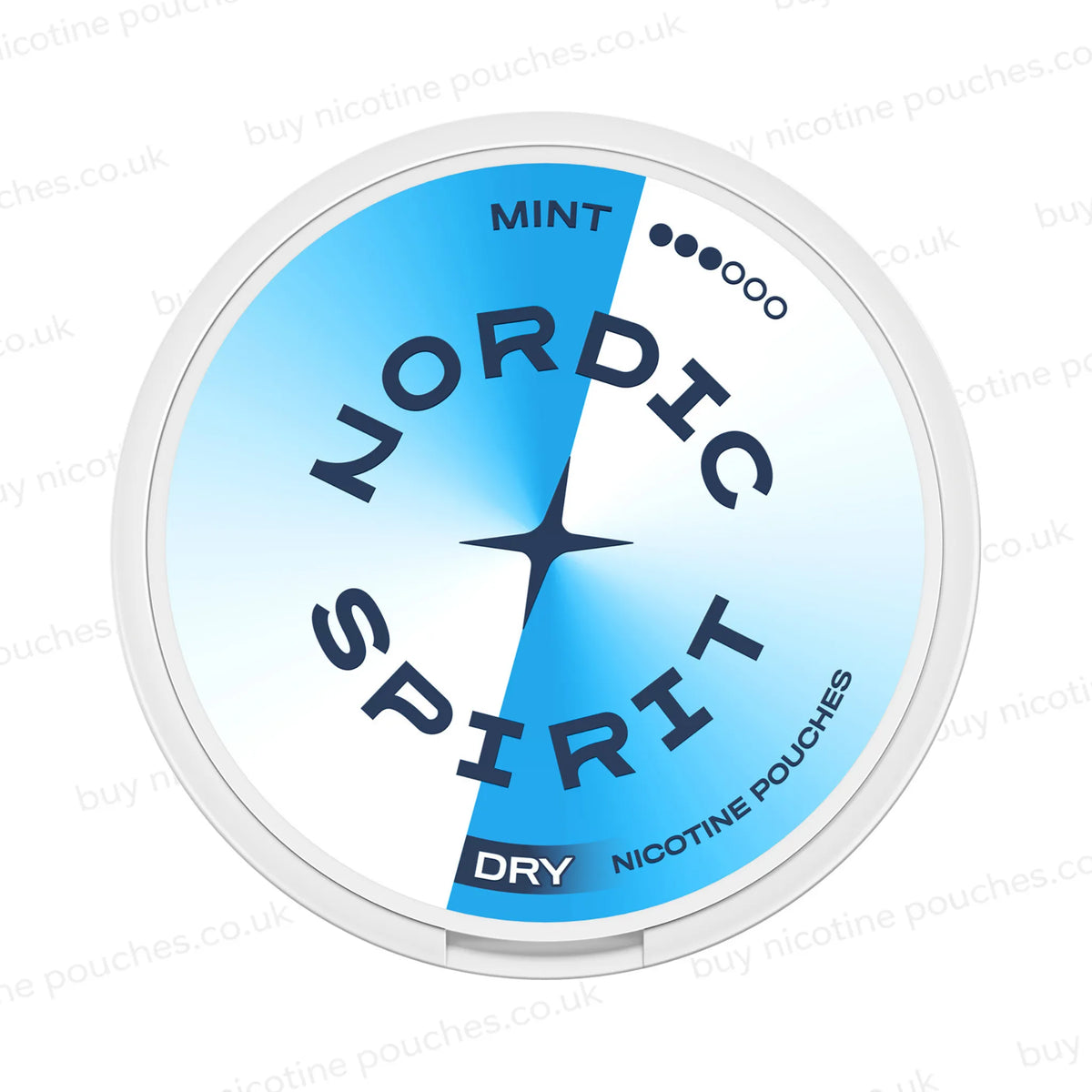 A round tin of Nordic Spirit Dry Nicotine Pouches in Mint flavor and 3-dot strength, featuring a white and light blue gradient design