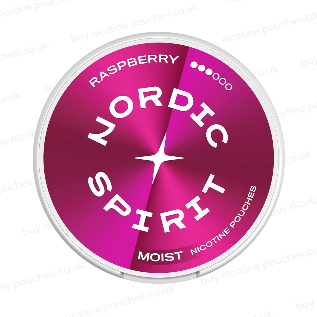 A round tin of Nordic Spirit Moist Nicotine Pouches in Raspberry flavor and 3-dot strength, featuring a magenta and purple gradient label with white text and a white star logo.