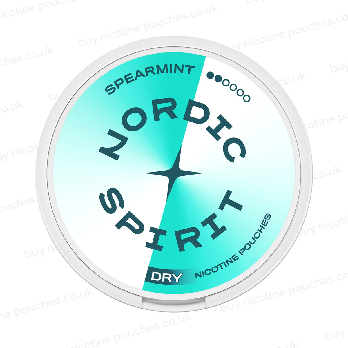 A round nicotine pouch container with white and cyan Nordic Spirit Spearmint 2-dot branding on a white, watermarked background.