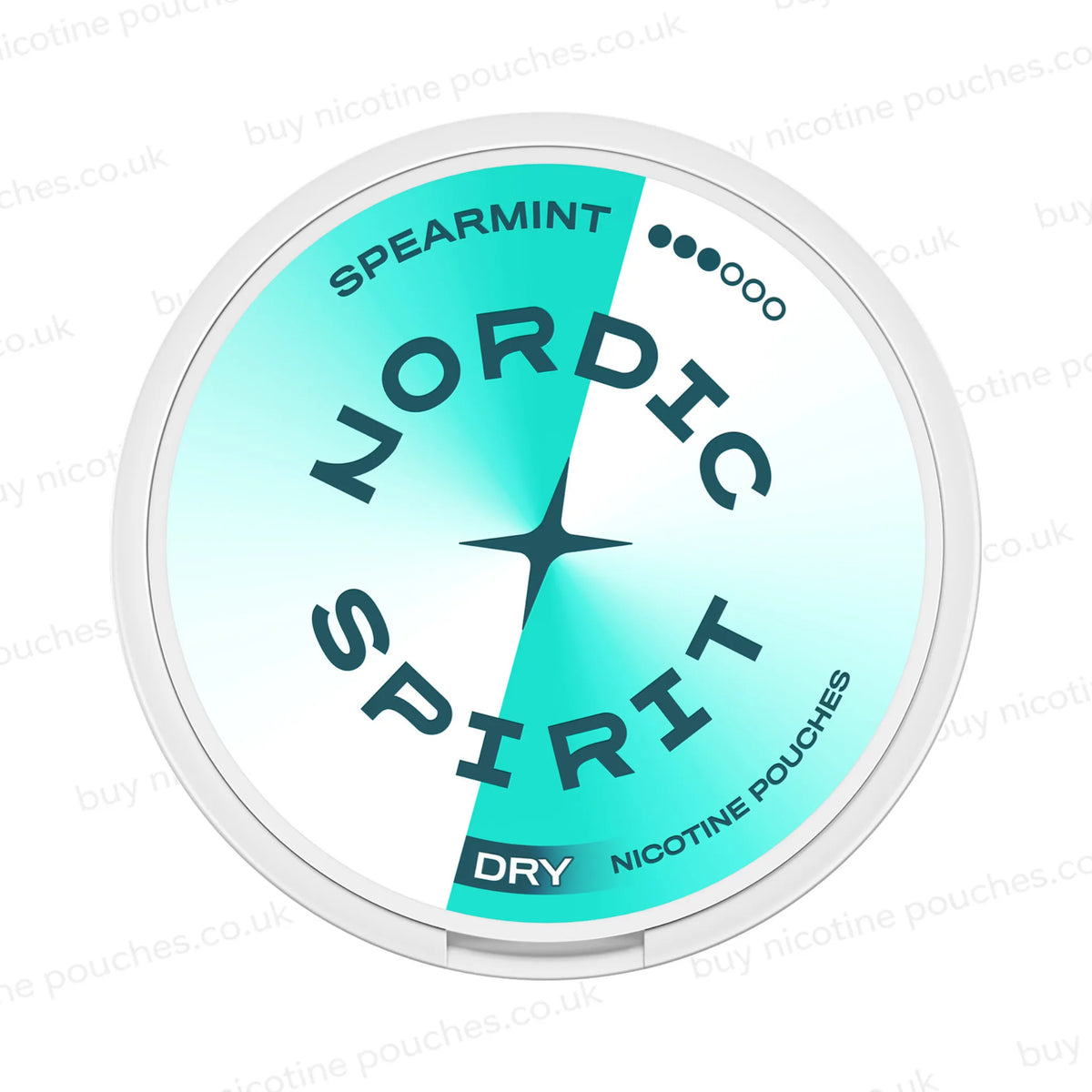 A round nicotine pouch container with white and cyan Nordic Spirit Spearmint 3-dot branding on a white, watermarked background.