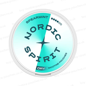 A round nicotine pouch container with white and cyan Nordic Spirit Spearmint 4-dot branding on a white, watermarked background.