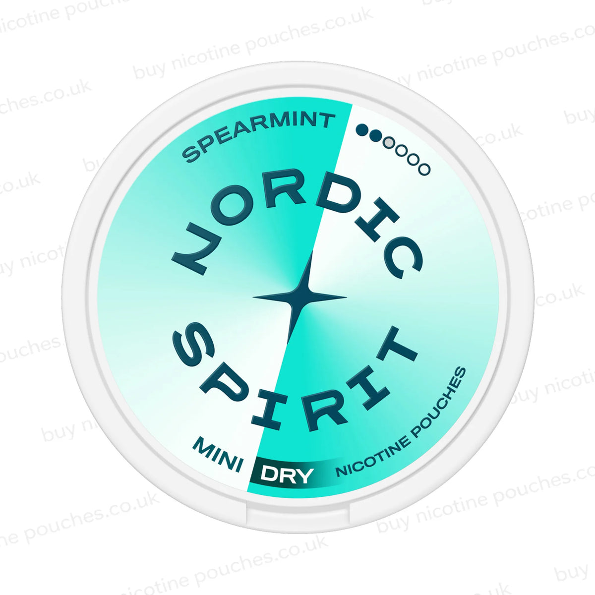 A round nicotine pouch container with white and cyan Nordic Spirit Spearmint Mini 2-dot branding on a white, watermarked background.