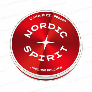 Nicotine pouch tub with red and white 'Nordic Spirit Dark Fizz 2/6' branding on a white background.