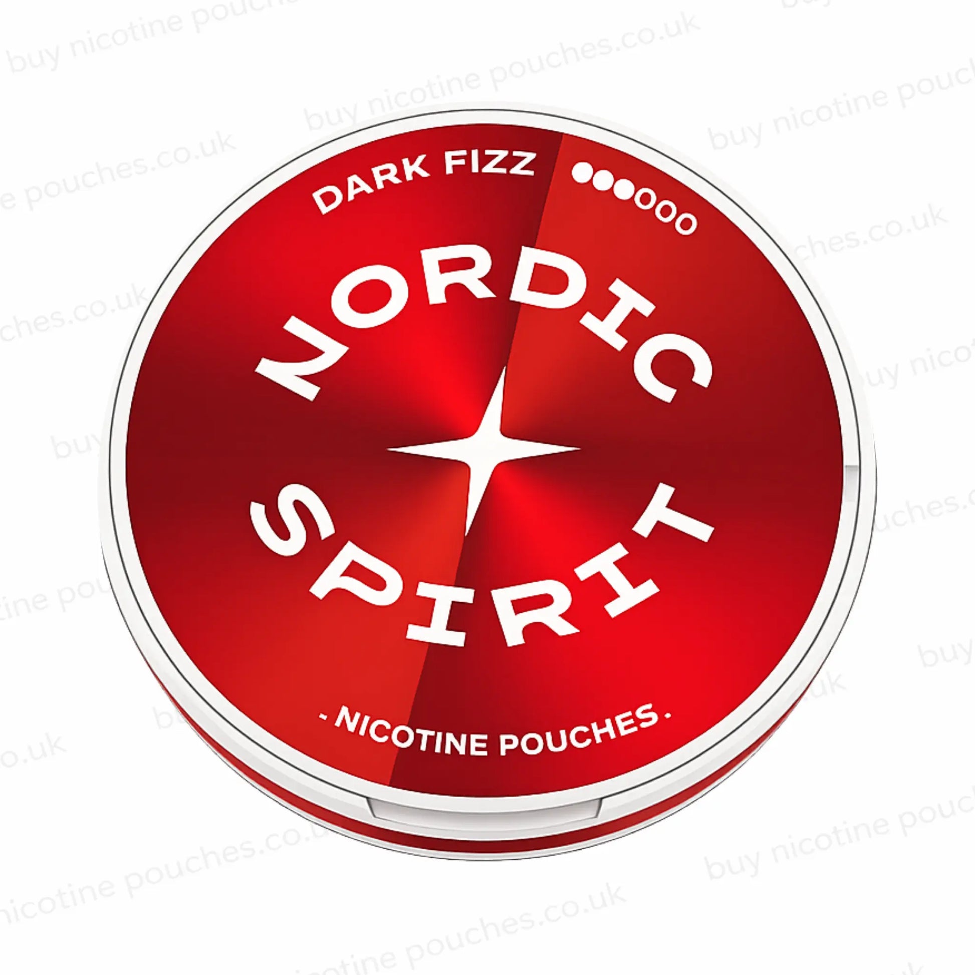 Nicotine pouch tub with red and white 'Nordic Spirit Dark Fizz 3/6' branding on a white background.