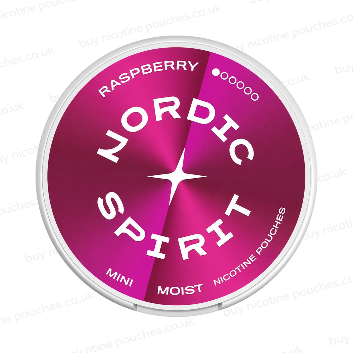 White nicotine pouch container with pink and purple Nordic Spirit Raspberry Mini branding on a white background.